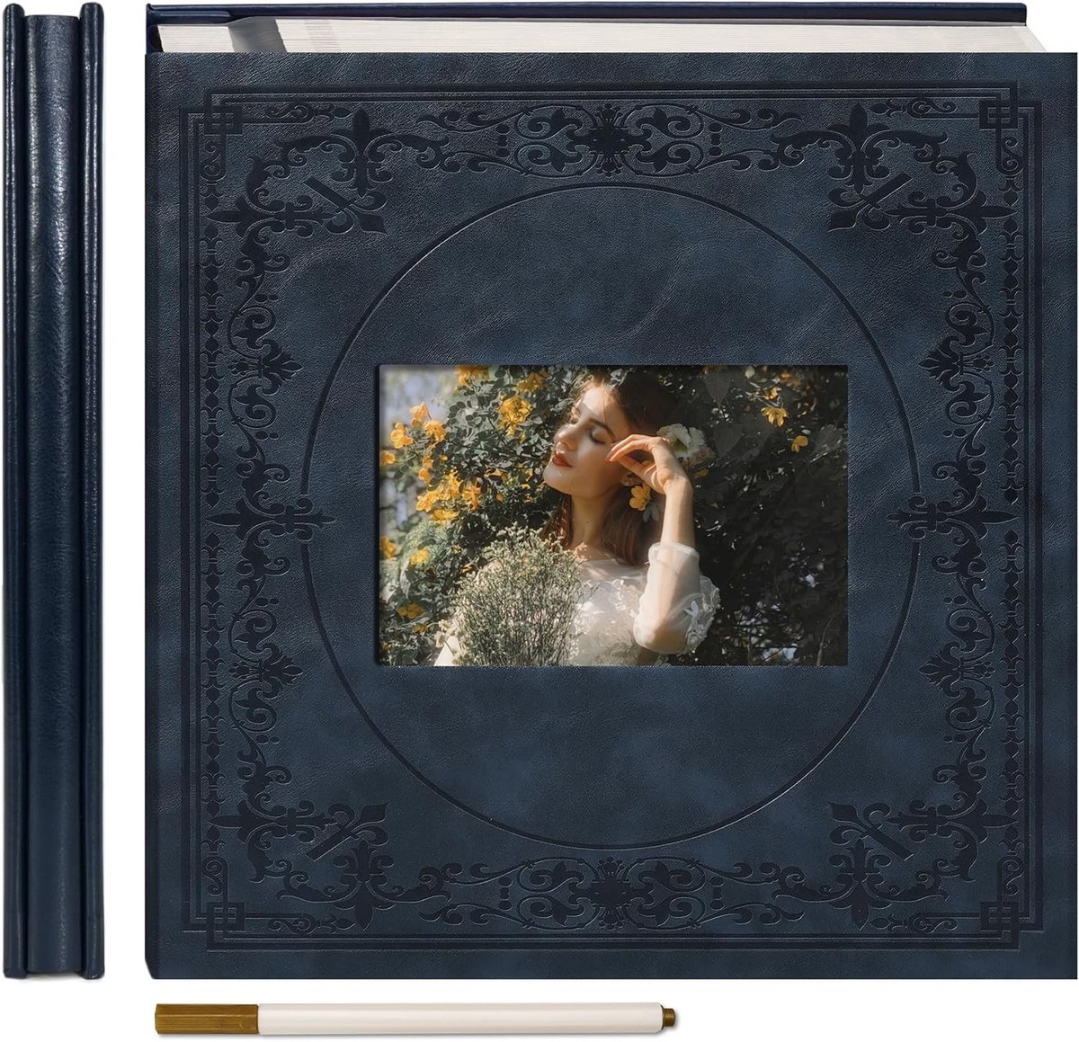 SnelShoppen - Vintage Foto Album Zelfklevend Kunstlederen Kaft Gegraveerd 60 Pagina's voor Baby, Kinderen, Bruiloft - Donkerblauw 28,2 x 27,5 cm