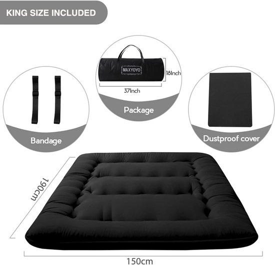 Matras - Japanse mat Vloermat - Slapen en Zitten - Memory Foam Laag - 150x200 cm - Zwart — afbeelding 2