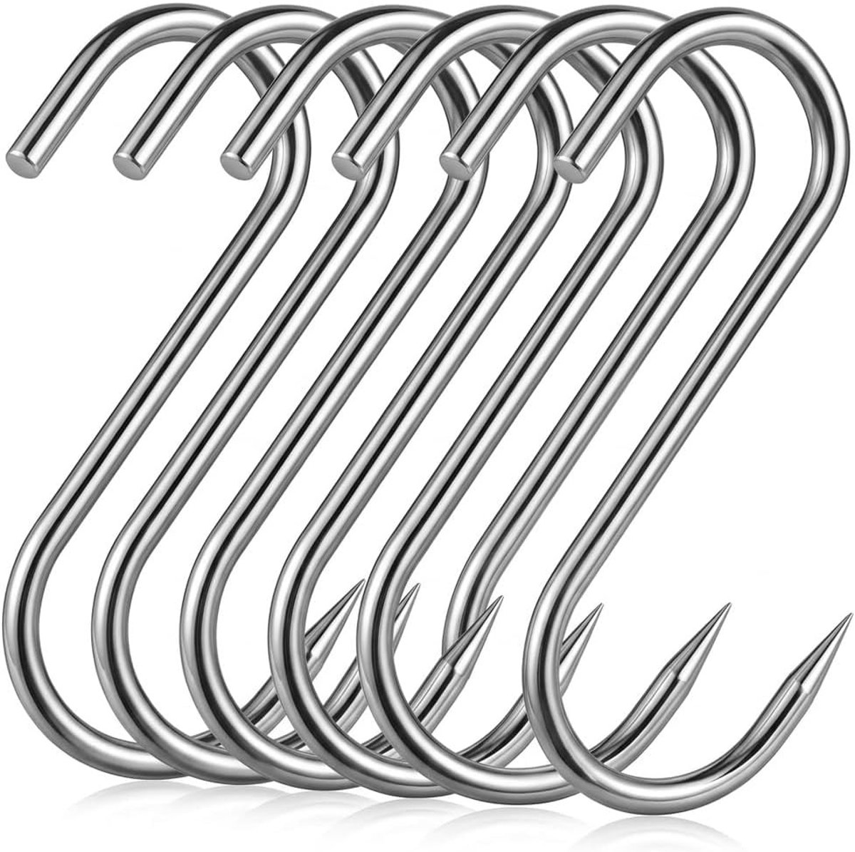 Set van 6 S-vormige roestvrijstalen vleeshaken voor vleesverwerking, rookovens en slagers, 20 cm lang, 6 mm dik, met een draagvermogen van 35 kg.