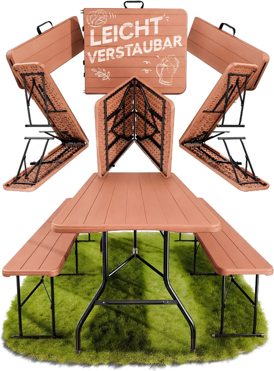 VALI® Tafel - 2 Bierbanken en 1 Biertafel - Biertafel - Biertafel met Banken - Bruin - 180cm x 75cm x 73cm