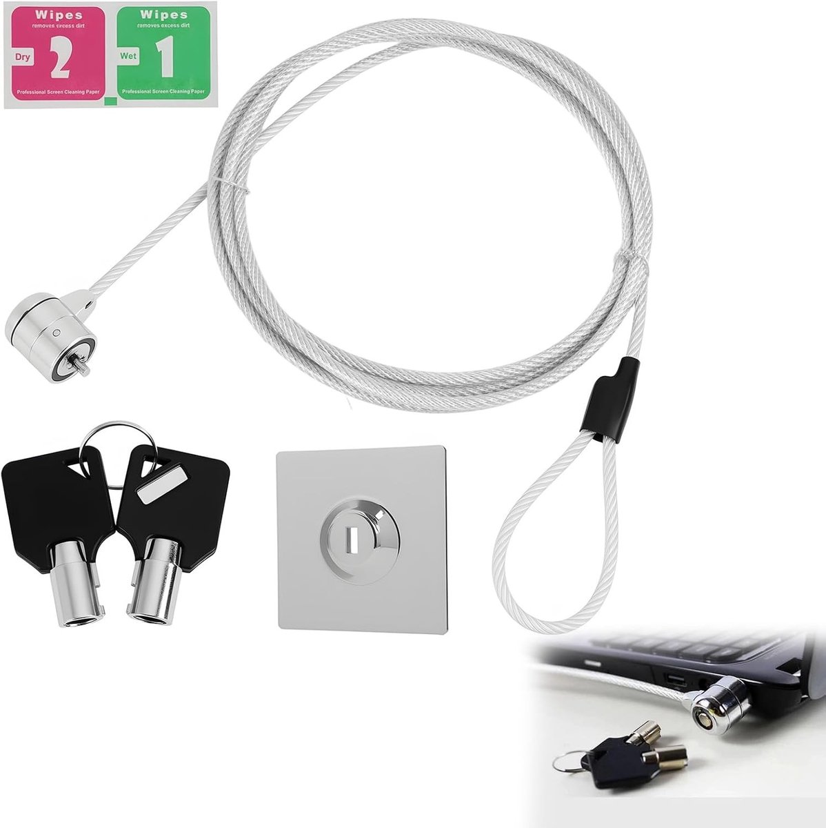Veilige Laptopbeveiliging met 2 m Carbon Stalen Kabel, Antidiefstal Bescherming voor Laptops, Smartphones en Tablets, Flexibel Bevestigingssysteem en Universele Compatibiliteit