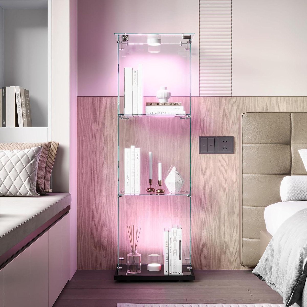 Glazen Vitrinekast - Verzamelkast - Objecten Presenteren - Met Led Verlichting - 124 cm Hoog - Zwart