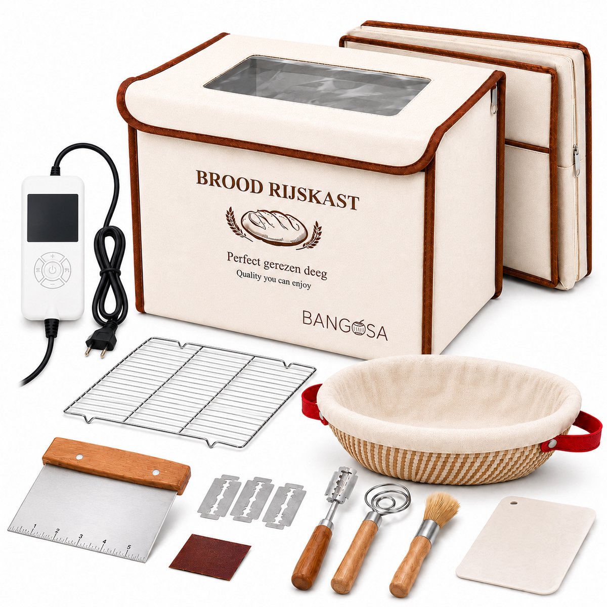 Bangosa Rijskast voor Brood met Rijsmand Rond 23 cm – Elektrische Broodrijskast met Timer – Opvouwbare Fermentatiebox & Banneton voor Zuurdesem