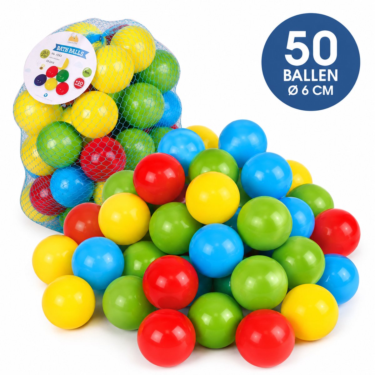 50 Ballenbakballen Ø 6 cm – Multicolor Speelballen voor Ballenbak – Rood, Geel, Groen & Blauw – Kunststof Ballen voor Kinderen – Speelkamer, Tent, Zwembadje & Binnengebruik