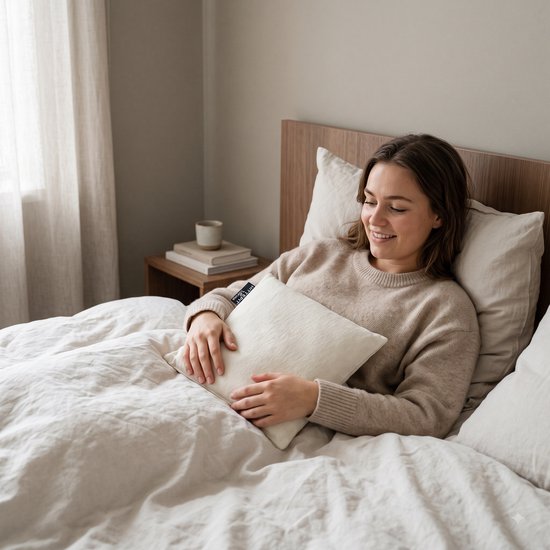 Een lachende vrouw met een beige trui ligt in bed met een crème warmtekussen in haar handen. Het kussen heeft een zwart label.