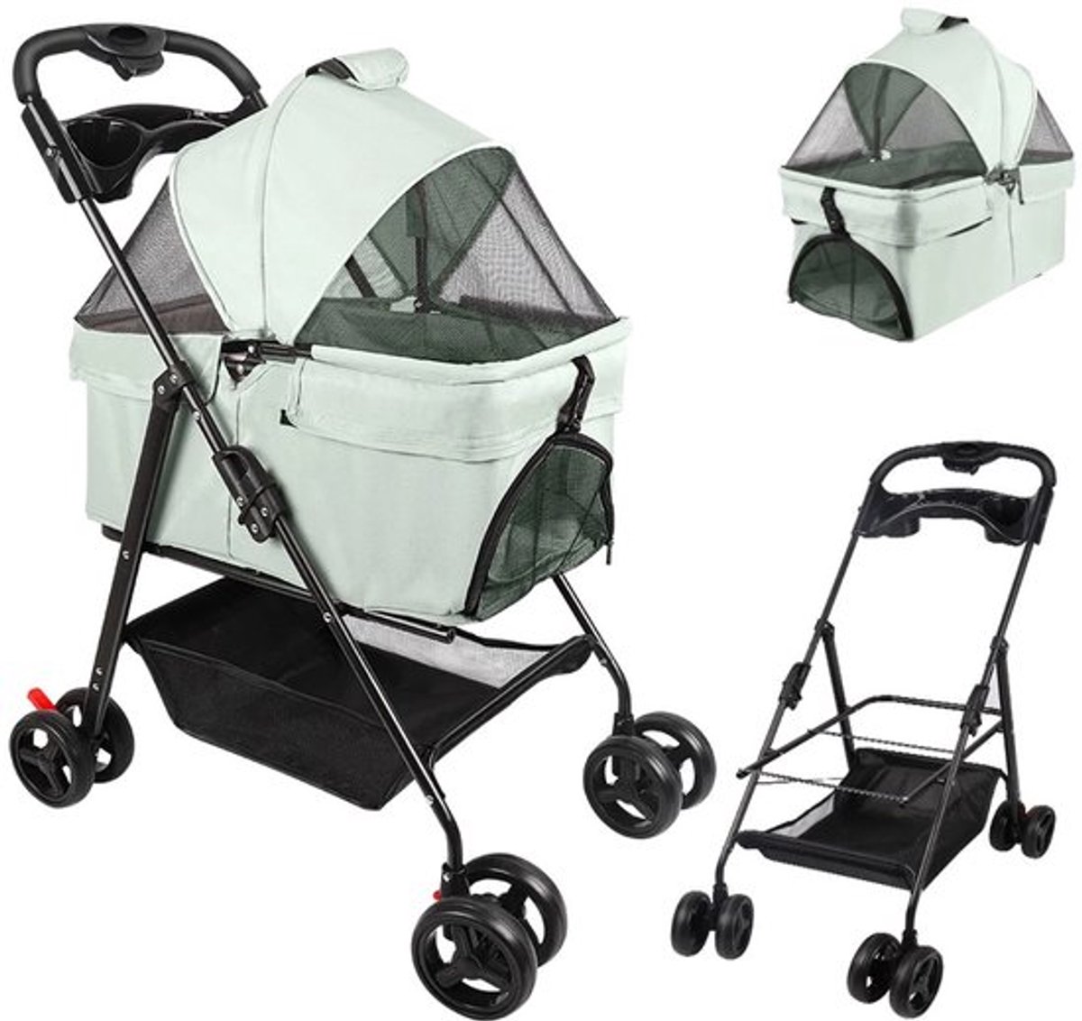 Inklapbare honden- en kattenbuggy, inclusief bekerhouder en opbergmand, wielen met remmen, Oxford-stof en sta