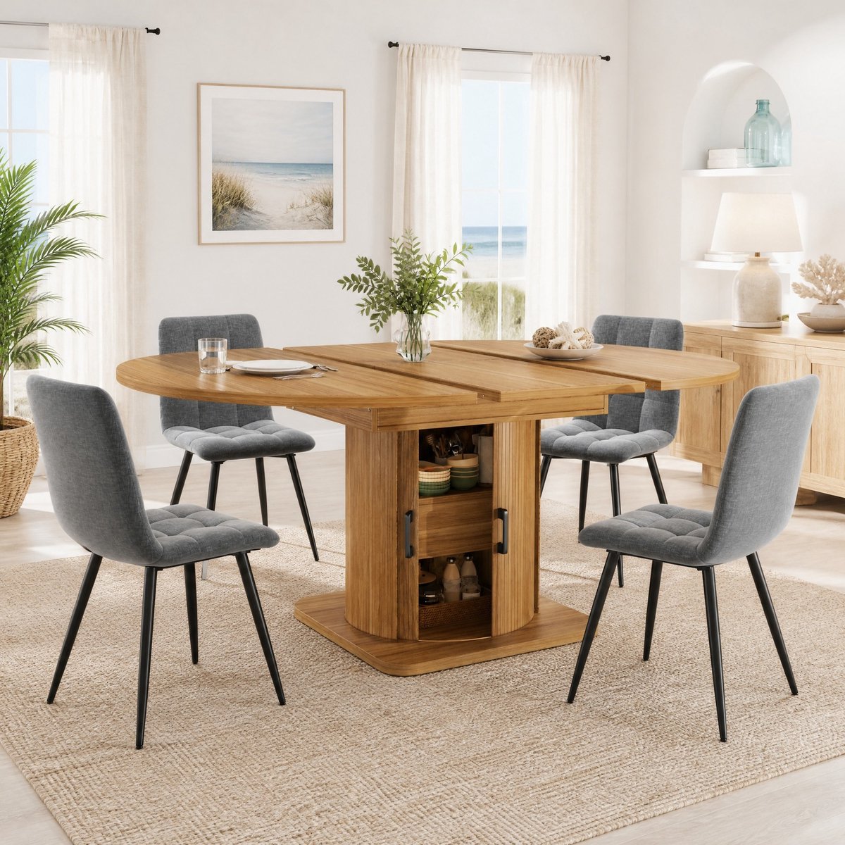 Wishdor Set tafel en stoelen - Uitrekbare eettafel met opbergruimte - Modern - 4 stoelen - Hout en metaal - Zwartbruin - 118-158 x 118 x 76 cm
