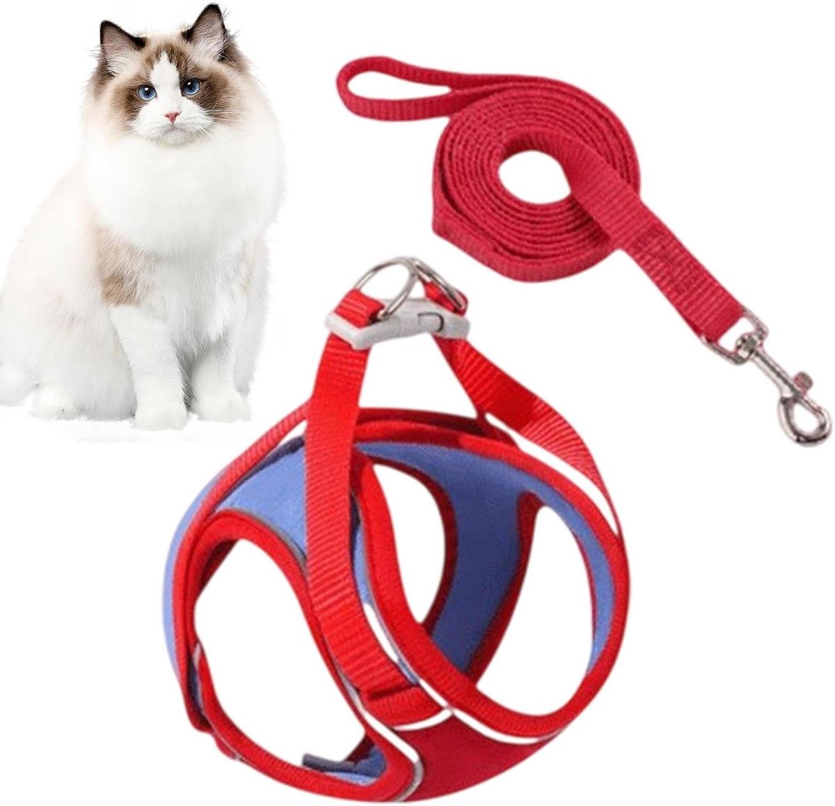 Huisdier Harnas en Lijn - Hondentuigje Kattenriem - Veilig Wandelen - Reflecterende Strips - Maat L - Rood