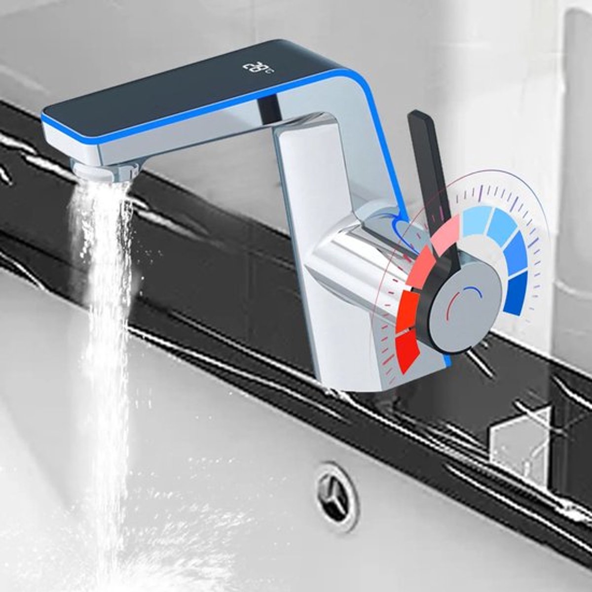 360 graden draaibare keuken- en badkamerkraan, wastafelkraan met spray- en regenmodus, LED-digitaal display e
