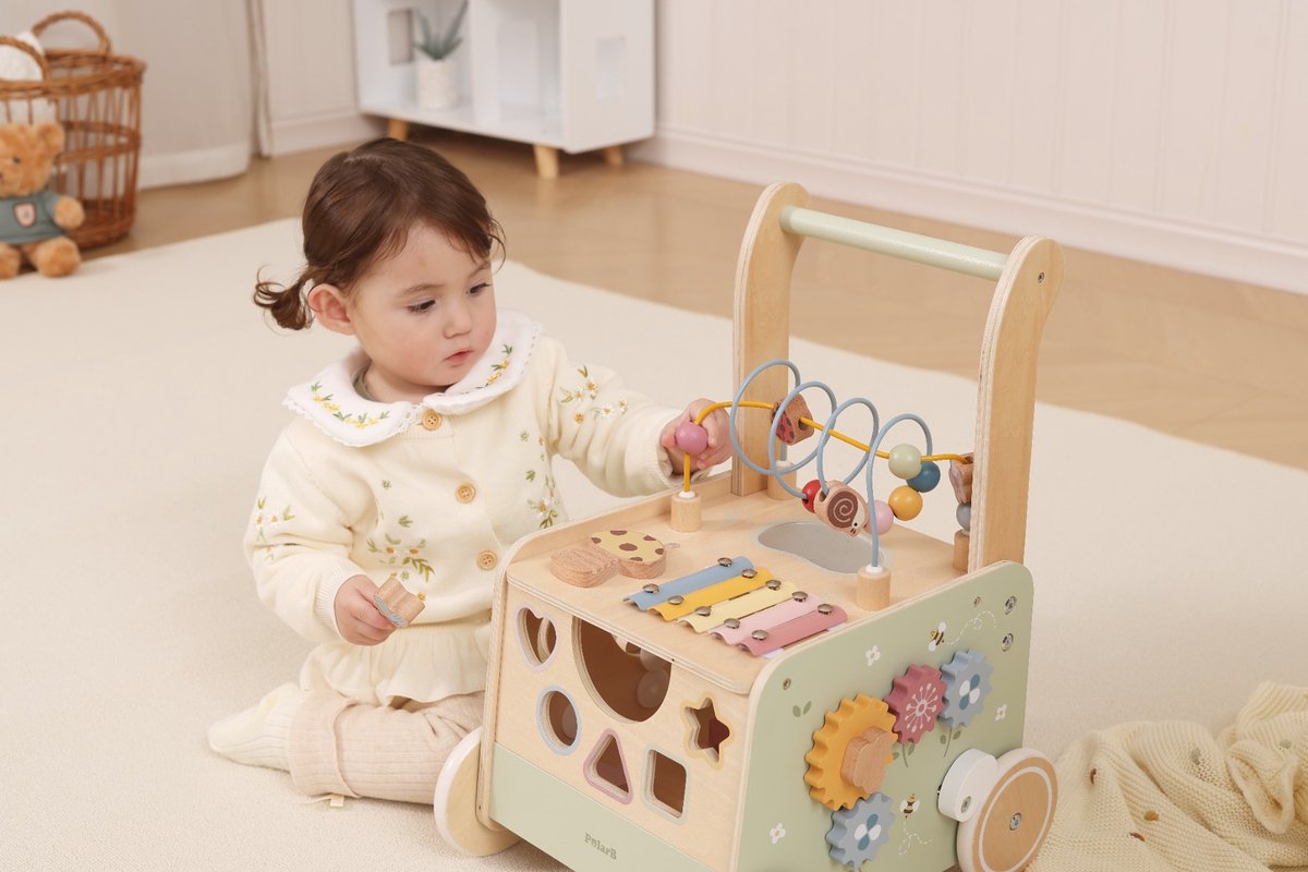 PolarB Houten Loopwagen met Activiteiten - Baby Walker met Blokken, Kralenbaan, Vormenstoof en Muziekinstrument - Educatief Speelgoed vanaf 12 Maanden – foto 5