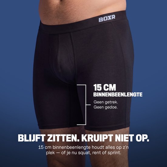 Zwarte BOXR boxershort met een binnenbeenlengte van 15 cm, tekst "15 cm binnenbeenlengte", "Geen getrek. Geen gedoe."