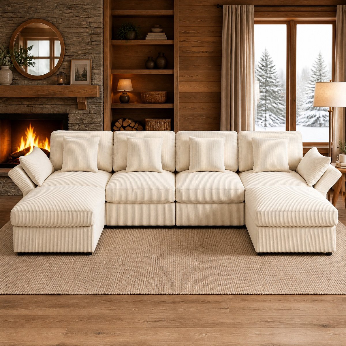 Wishdor U-bank - modulaire hoekbank - verstelbare armleuningen - corduroy - beige - 290 x 159,5 x 89 cm