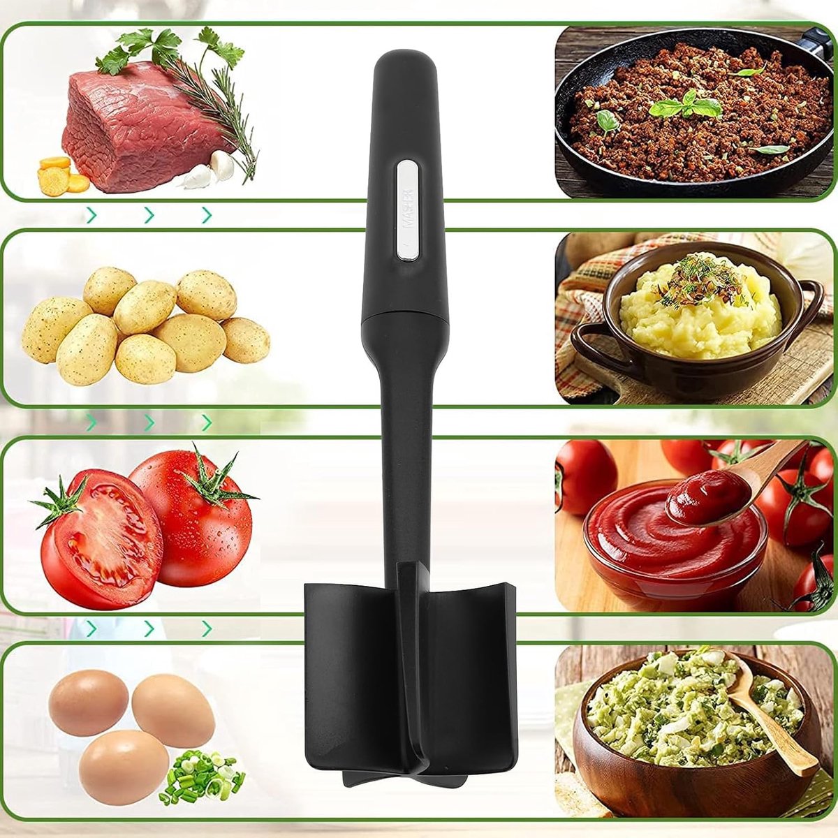 Vleeshakker - Gehaktmolen Hamburger Smasher - Gelijkmatig Koken - 5 Groothoekmessen - Hittebestendig - Zwart