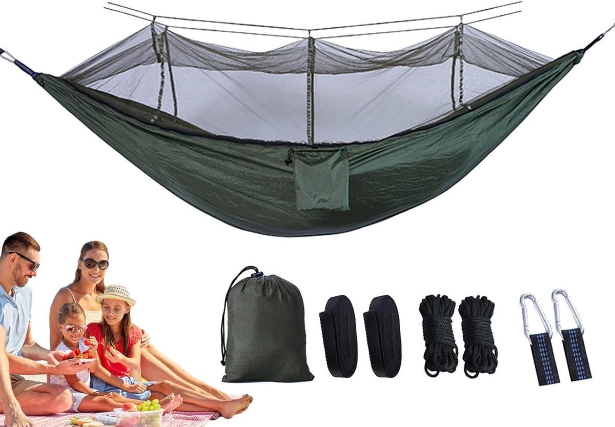 Reishangmat met net - Campinghangmat vliegennet - Buiten ontspannen - Optimale bescherming insecten - 220 x 140 cm - Donker legergroen