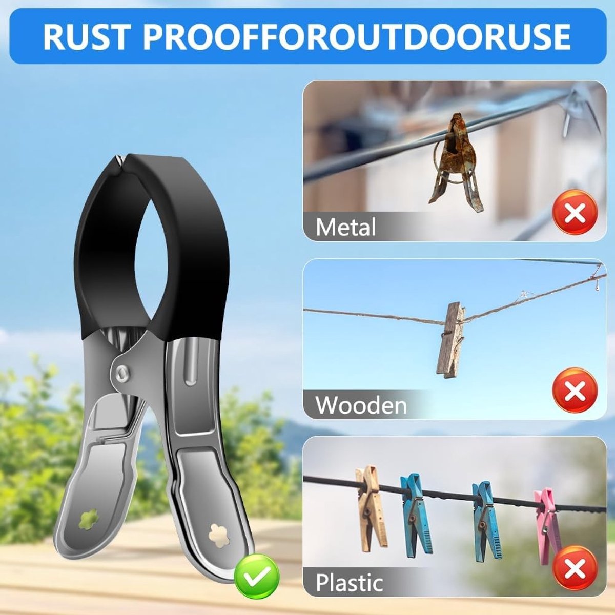 Grote Wasknijpers voor Handdoeken, 6 Stuks, Plastic Handdoekclips voor Strandstoelen en Wasgoed, Houdt Handdoeken op hun Plaats - Zwart