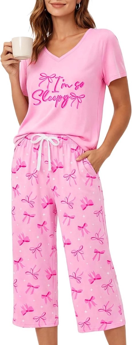 Tweedelige damespyjama set voor de zomer, kort huispak met capri broek en comfortabel bovendeel, maten S-XL