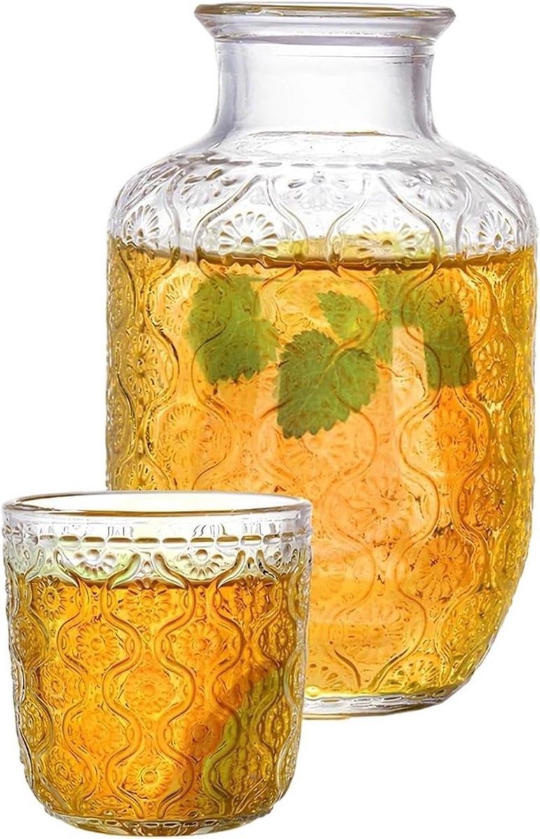 Nachtkastje Waterkaraf - Drinkbeker Set - Hydratatie Bij Bed - Stofdicht Glazen Deksel - 600ml Capaciteit - Begonia Bloem