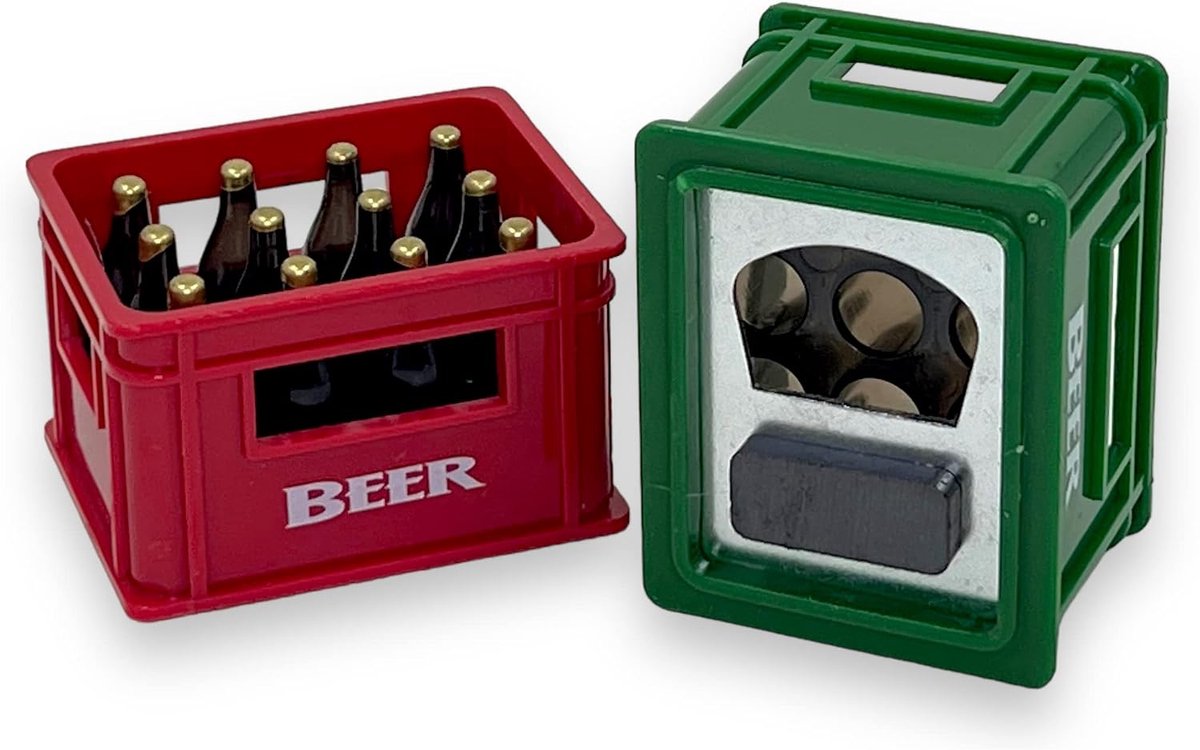Set van 2 metalen flesopeners - met koelkastmagneet - bierkratten - magnetische bieropener - capsuleopener - voor koelkast, huishouden, bar, cadeau, bierdoos - rood en groen