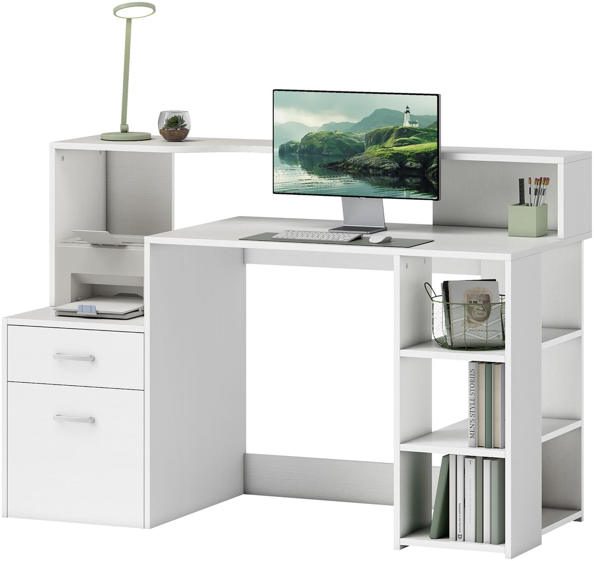 Computerbureau met 2 lades – opbergbureau – 137 x 55 x 92 cm – open legplanken en printerrek – wit