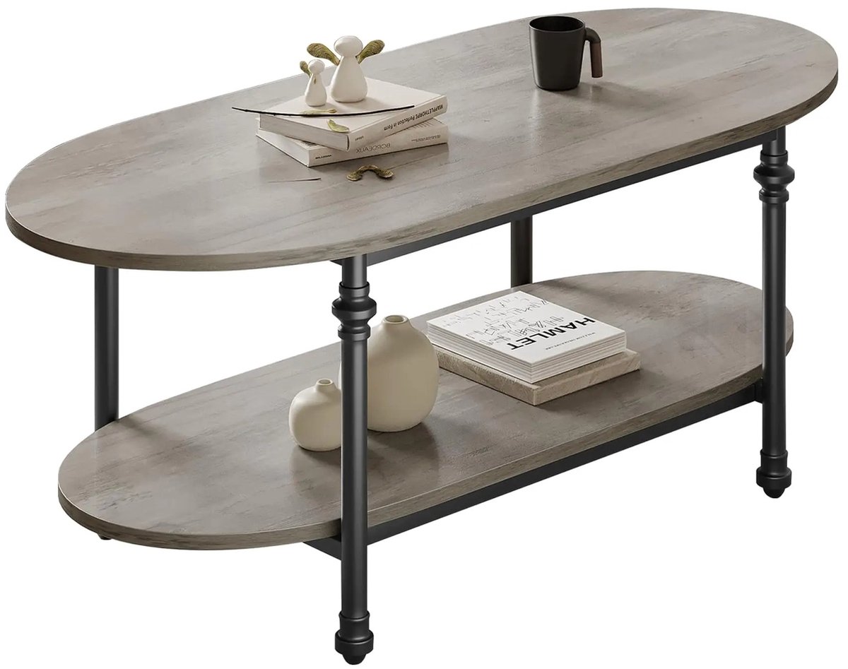 Bresht Ovale Salontafel - Met 2 Niveaus - Grijze Houtlook - Metalen Poten - Stevige materialen - Grijs - 120 × 54,4 × 43,5 cm