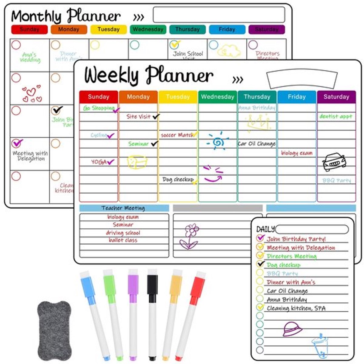 OFFCUP Magnetische koelkastkalender, familie weekplanner, A3 maandplanner, dagelijkse maaltijdplanner, takenlijst, droog wissen kit, maandag tot zondag met 6 markers