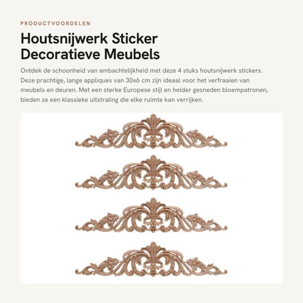Houtsnijwerk Decoratieve Appliques - 4 Stuks - Rubber Hout - 30x6 cm - Europese Stijl - Mooi Snijwerk Bloempotronen - Decoratie