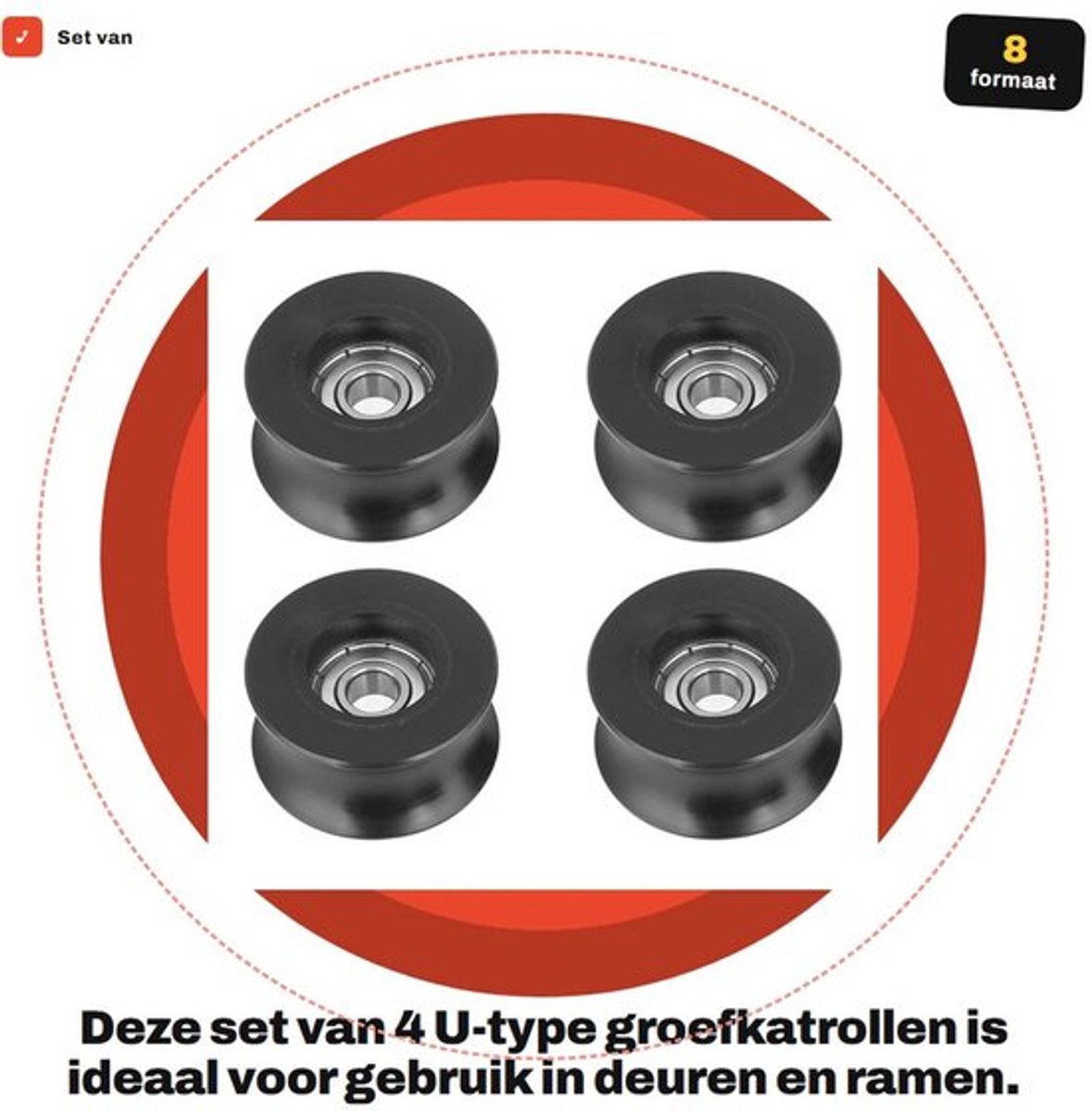 Groefkatrol U-type 8 mm binnendiameter - 4 stuks - Rolgeleider - Wentellager - Zwart - Sterk draagvermogen - Katrol