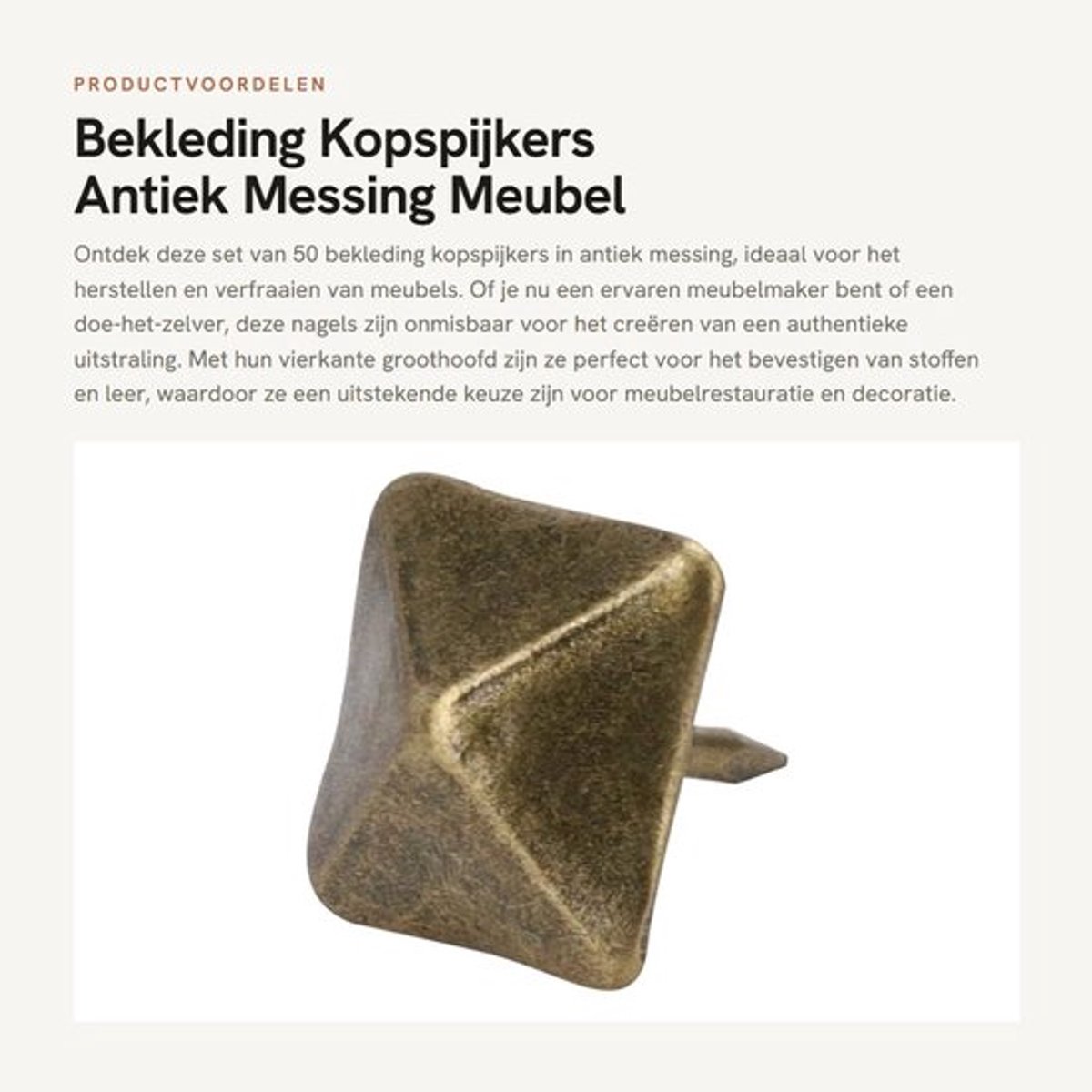 Kopspijkers Antiek Messing - 50 Stuks - Groothoofdige Nagels - Meubels Bekleding - 19mm x 20mm - Scherpe Punten - Meubelspijkers