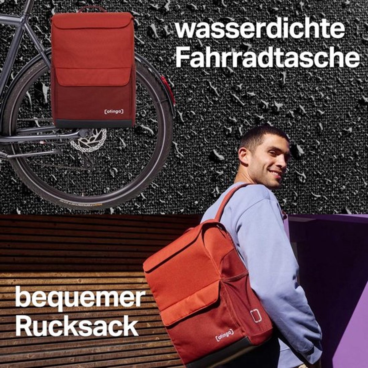 Thijox - Otinga Flip Move Fietstas Rugzak 16L Inhoud - Waterdichte Bagagedragertas met Rugzakfunctie - Vulkan-rood, Ideaal voor Fietsen, Reizen en Dag