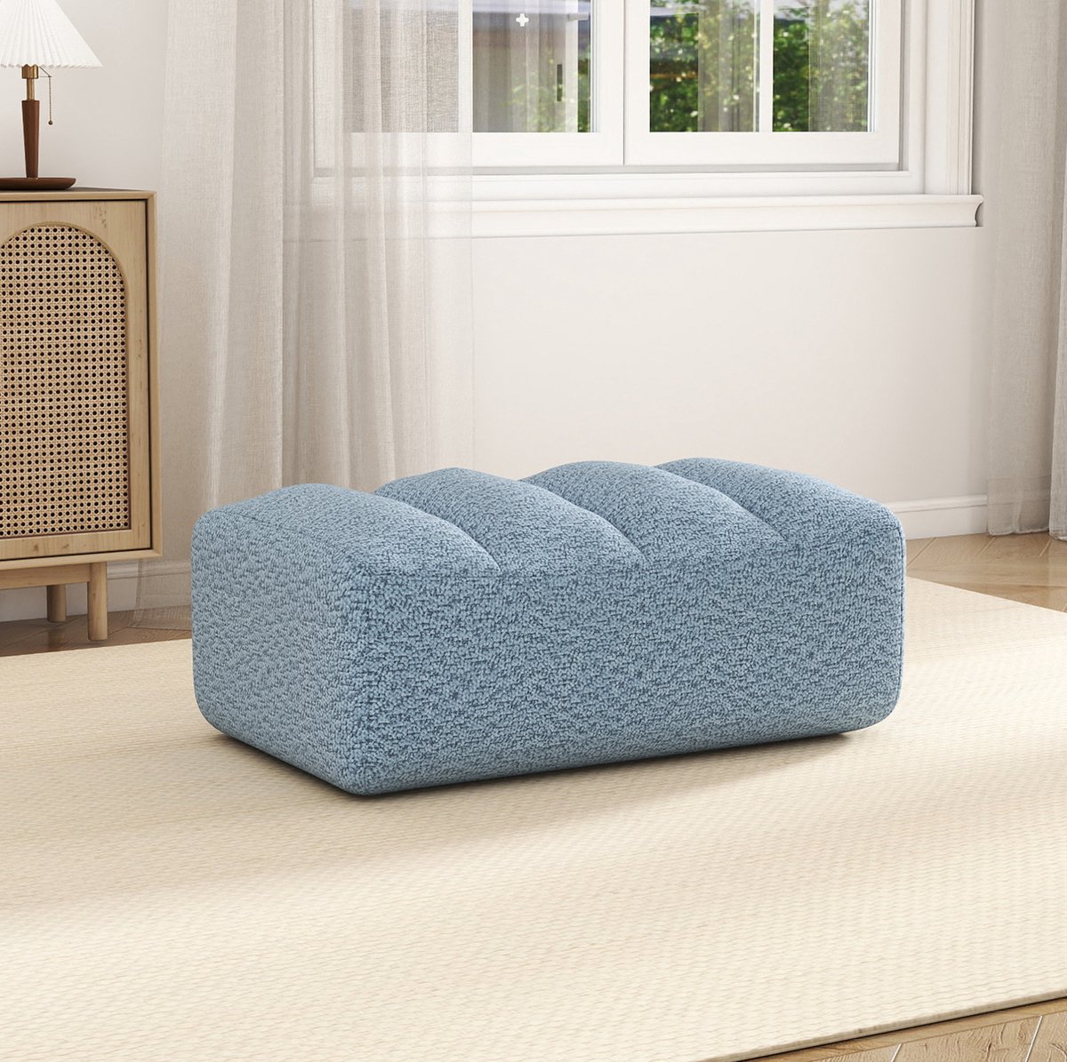 Voetenbankje Ottoman – 104 x 61 x 45 cm – 32D Schuimvulling – Fleece – Blauw – Voor Binnen – Zonder Montage