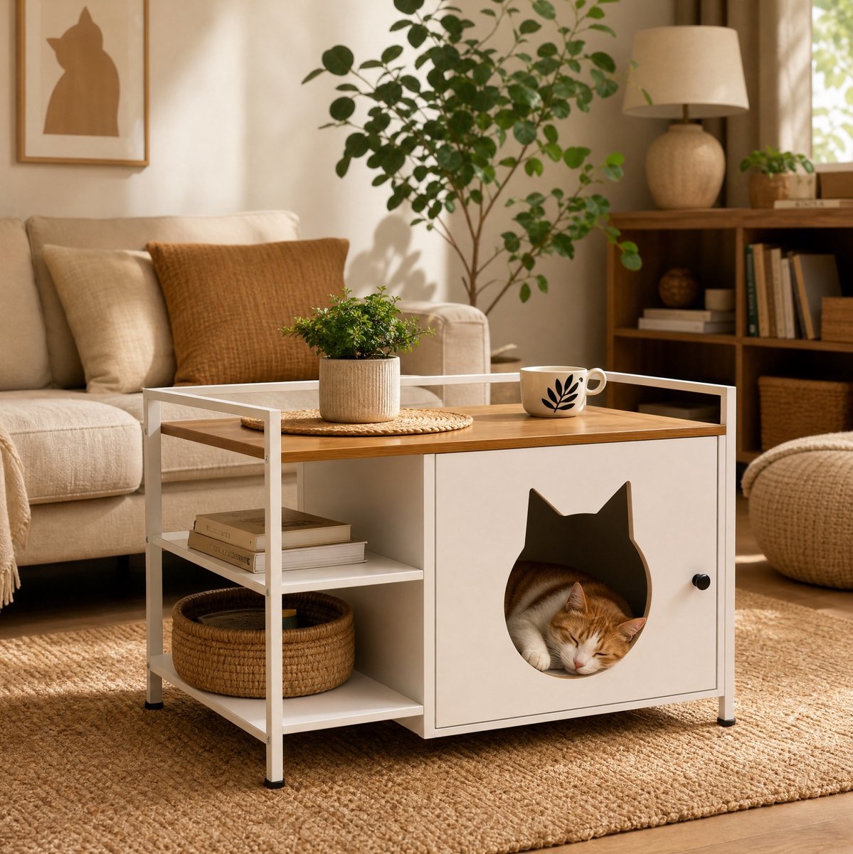 DESMIU Bijzettafel - Kattenhuis En Kattentoiletkast Met Opbergvakken - Voor Woonkamer En Slaapkamer - MDF En Metaal - Wit Licht Eiken - 76x54x59 Cm
