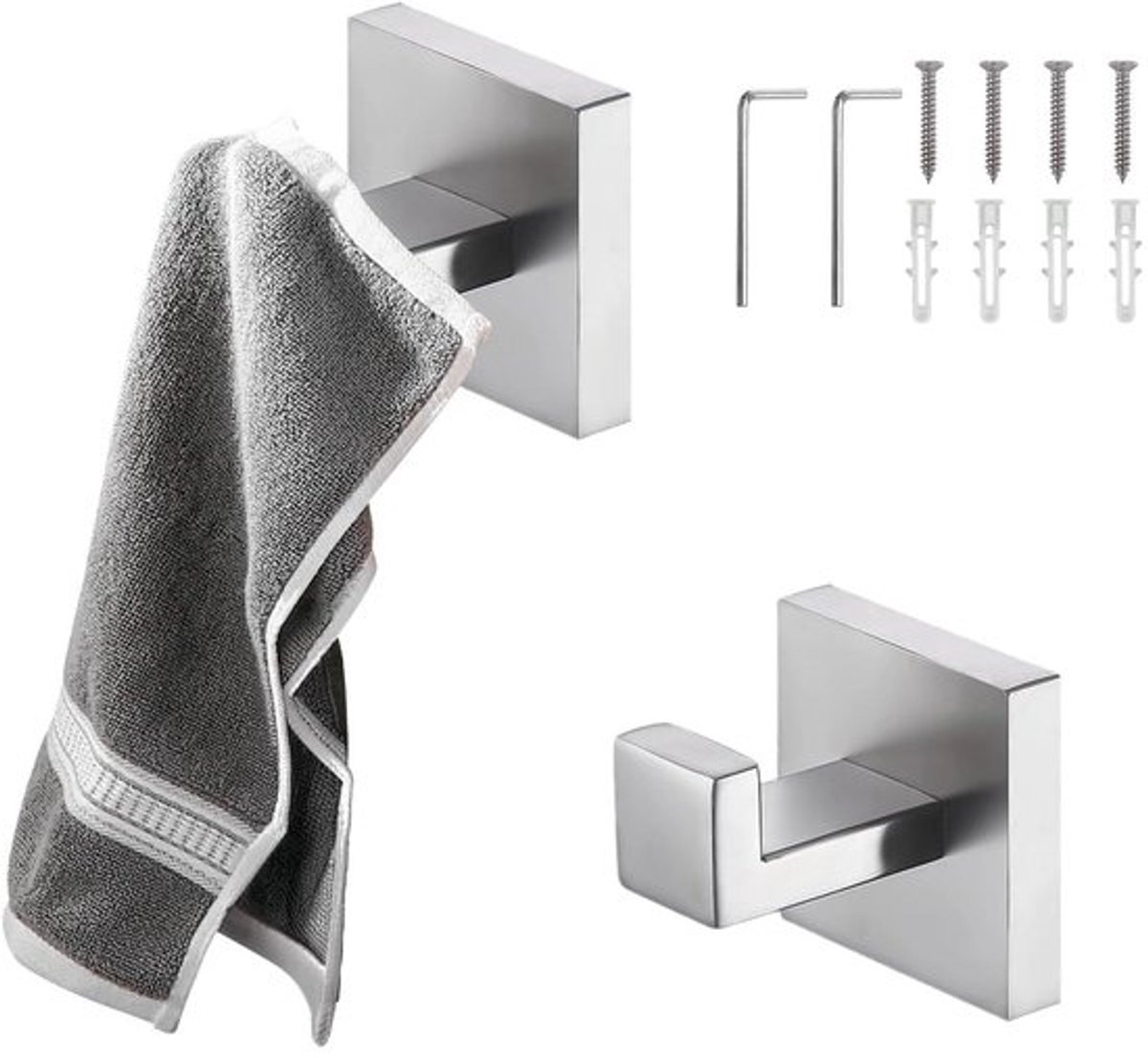 Handdoekhaak Roestvrij Staal - 2 Stuks - Modern Vierkant Design - Oxidatiebestendig - Draagvermogen tot 20 kg - Voor Badkamer/Woonkamer/Keuken - Haak