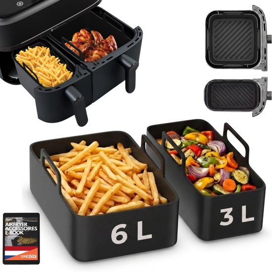 Zwarte airfryer mandjes, 6L en 3L, gevuld met frietjes en groenten. Met grillplaten en een e-book.