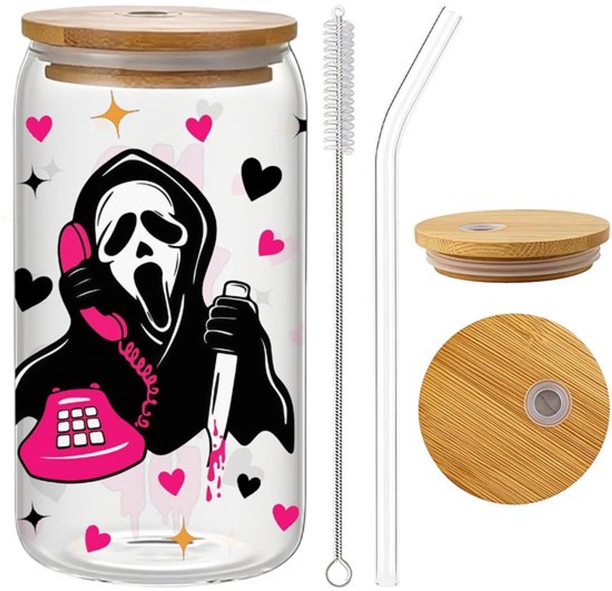 Glazen Beker 400 ml - Halloween Design - Deksel/Rietje - Spooky Drinkglas - Cadeau voor Vrouwen/Tieners - Kunstzinnige Motieven
