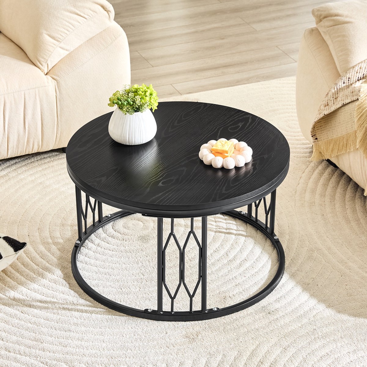 DESMIU Salontafel - Ronde Tafel Met Houtlook En Metalen Frame - Modern Voor Woonkamer - MDF En Metaal - 70x70x40,5 Cm - Zwart