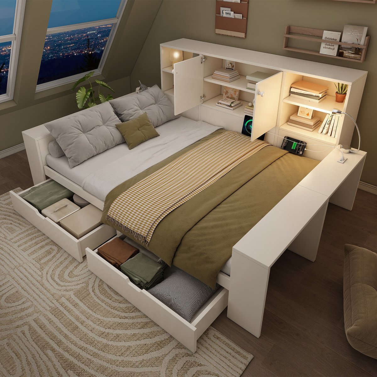 Wishdor Bed 140x200 cm - Opbergbed met lades en hoofdvak - Wit - USB- en USB-C aansluitingen - Lattenbodem - Met verlichting - 237 x 183 x 100 cm