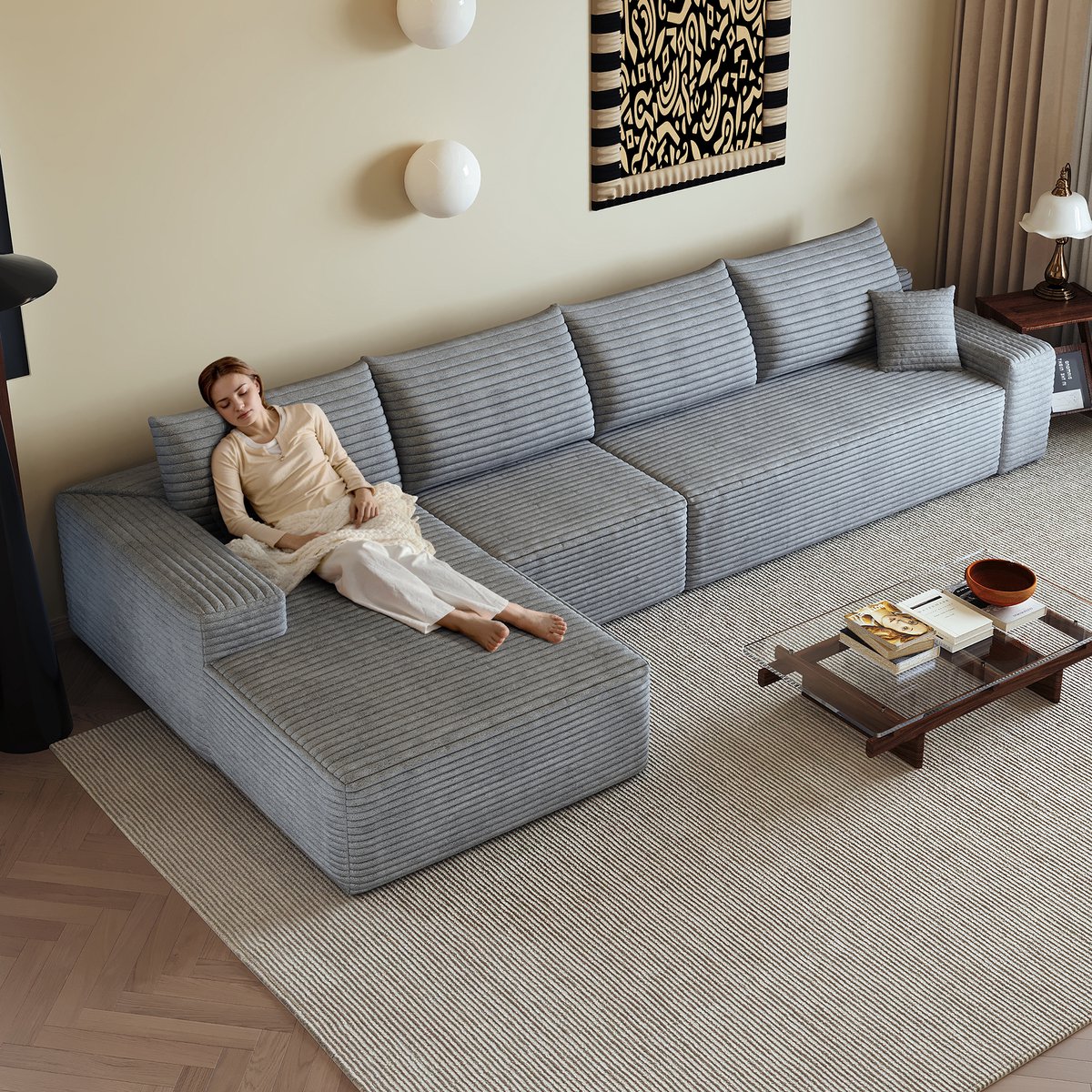 DESMIU Hoekbank 340 Cm Modulaire L Vormige Chaise Longue Zachte Zitbank Van Ribcord Voor Woonkamer En Appartement Grijs