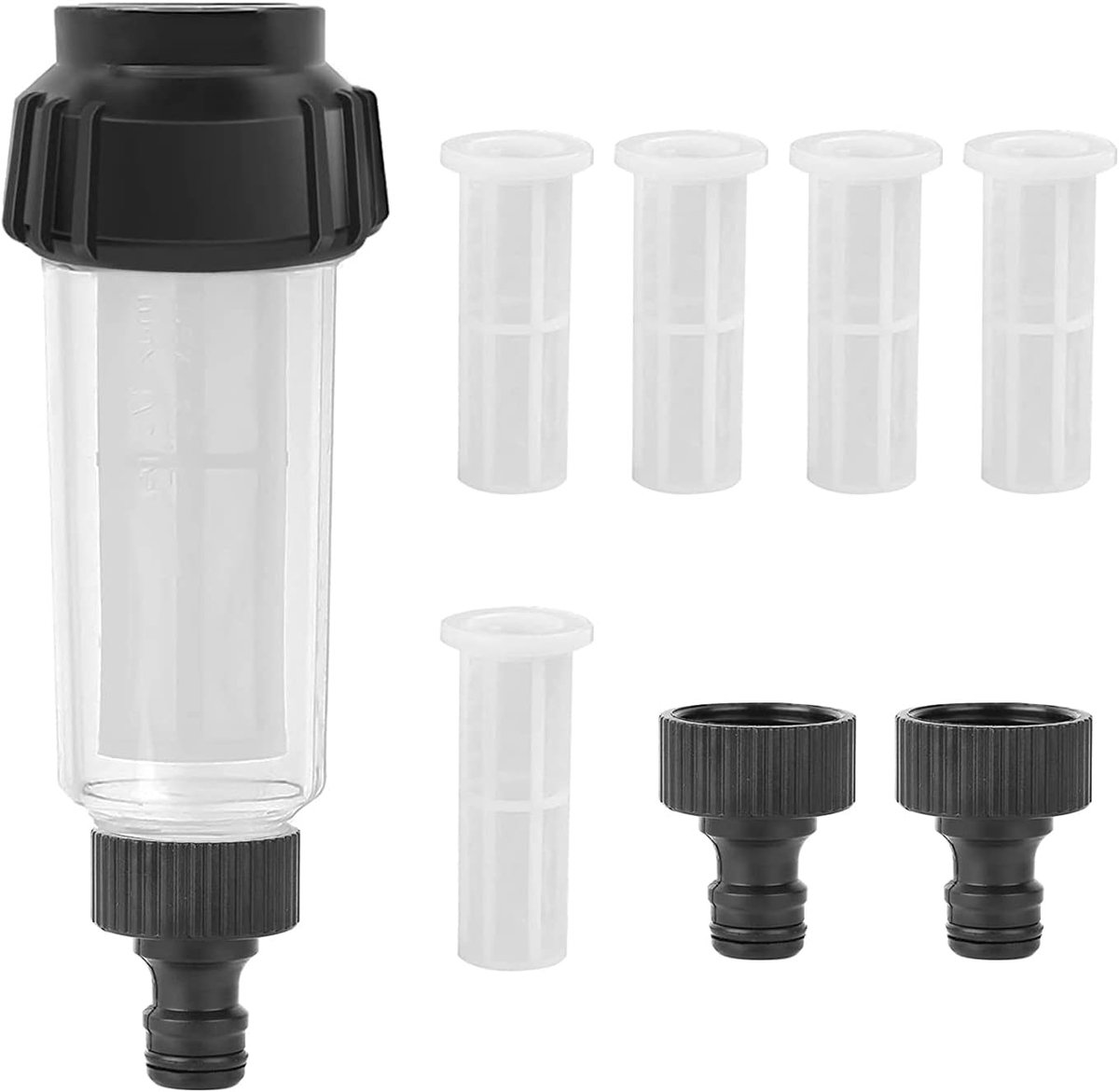 Waterfilter tuinslang, 3/4 inch watervoorfilterset met 5 filterinzetstukken en 2 sneladapters, waterfilter voor hogedrukreiniger, tuinpomp, tuinirrigatie, camper