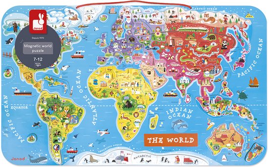 Puzzle carte du monde coloré avec aimants. Montre les pays, océans, animaux et bateaux. "The World" est écrit en lettres oranges.