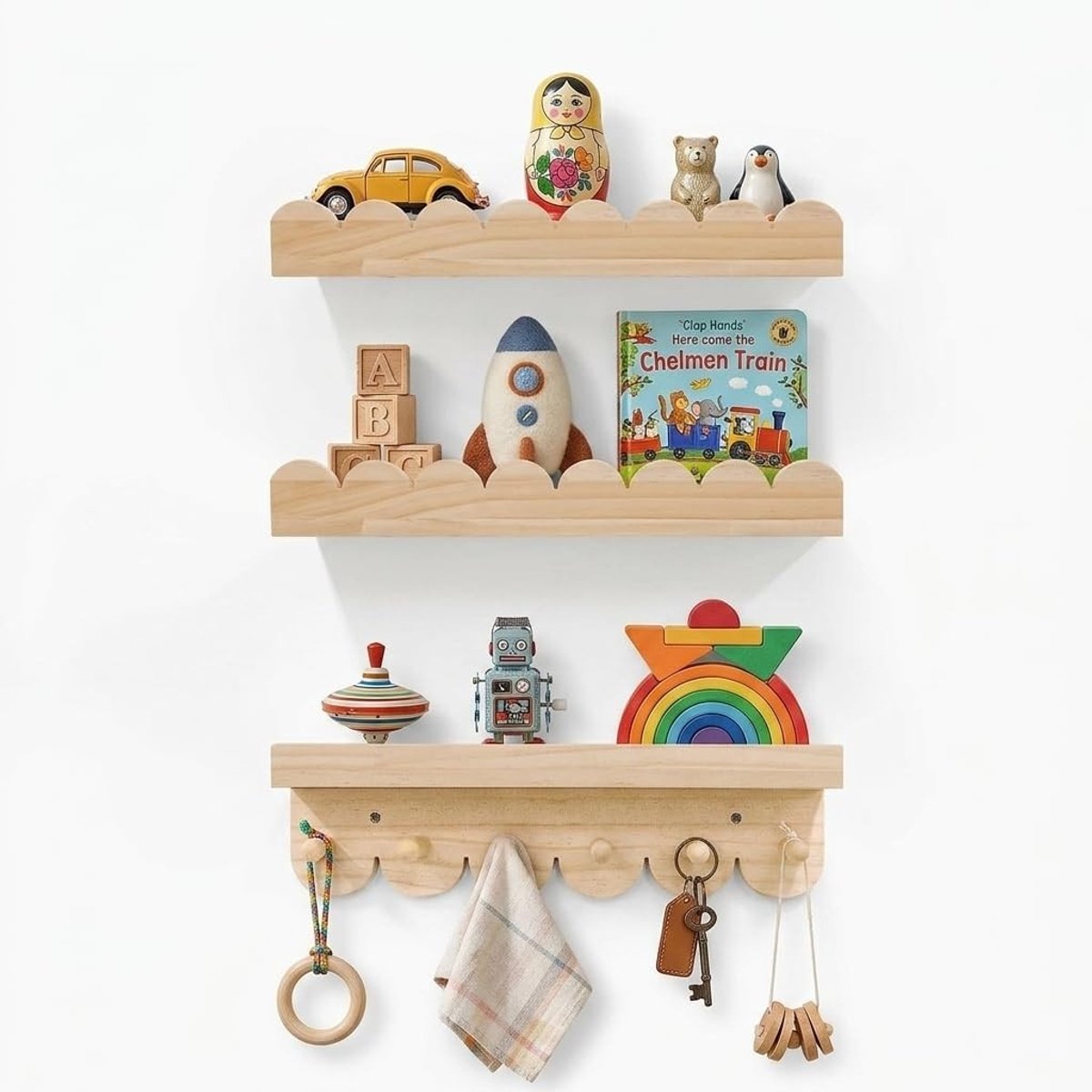 Drijvende kinderkamer wandplank van 40 cm in hout, set van 3, ideaal voor opslag en decoratie