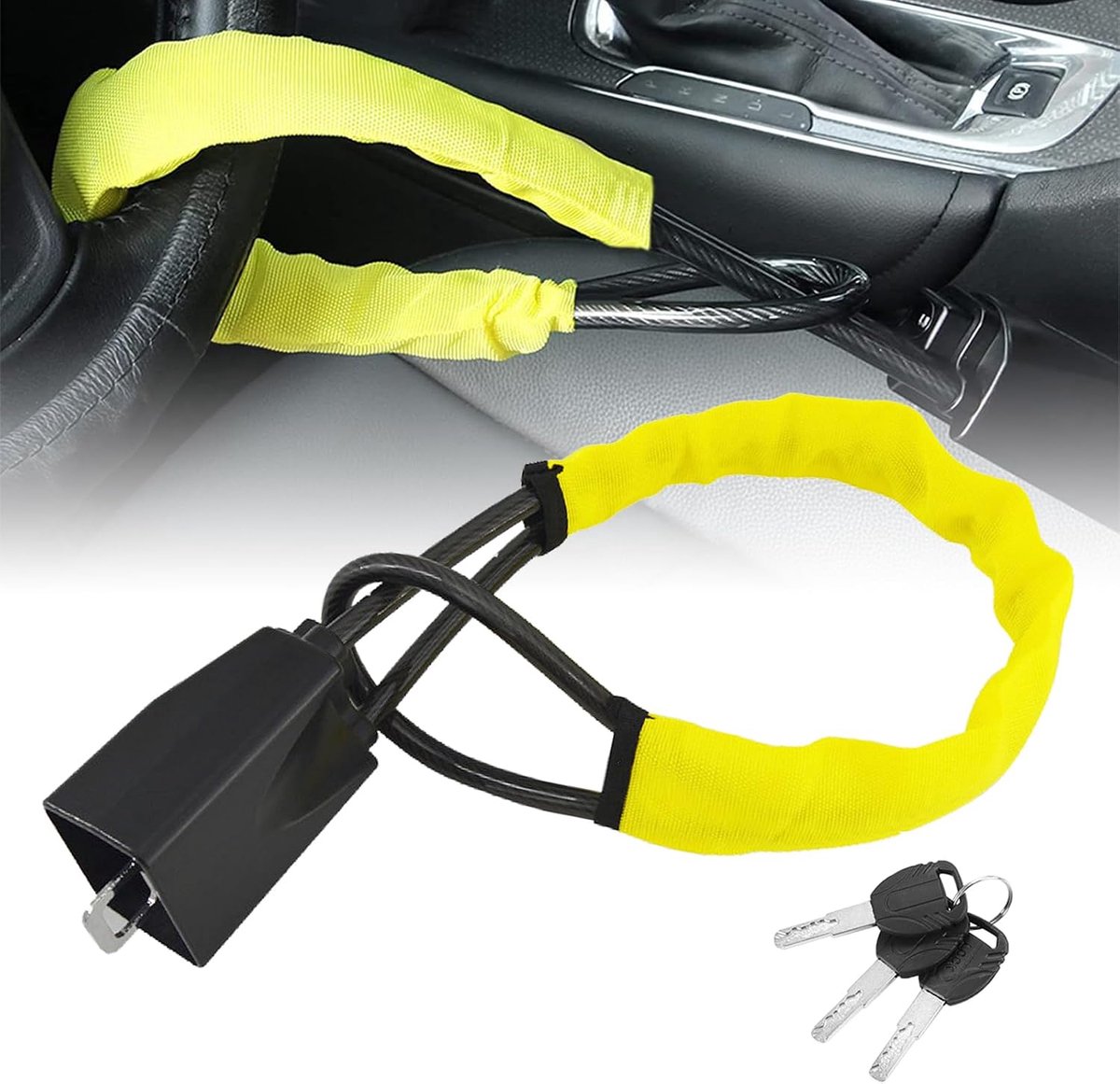 Autostuur- en gordelslot - 17 inch universeel antidiefstalapparaat voor auto's, SUV's en golfkarretjes | Compact en lichtgewicht veiligheidsslot met multifunctionele sleutels (geel)