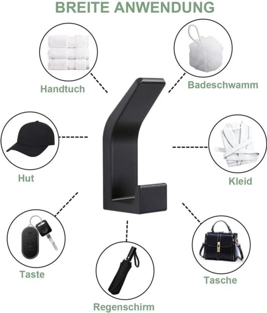 Set van 6 zelfklevende haken, dubbele handdoekhaken, Geschikt voor badkamers, keukens, douches, kantoren, kledingkasten, enz., gemaakt van aluminium, zwart.