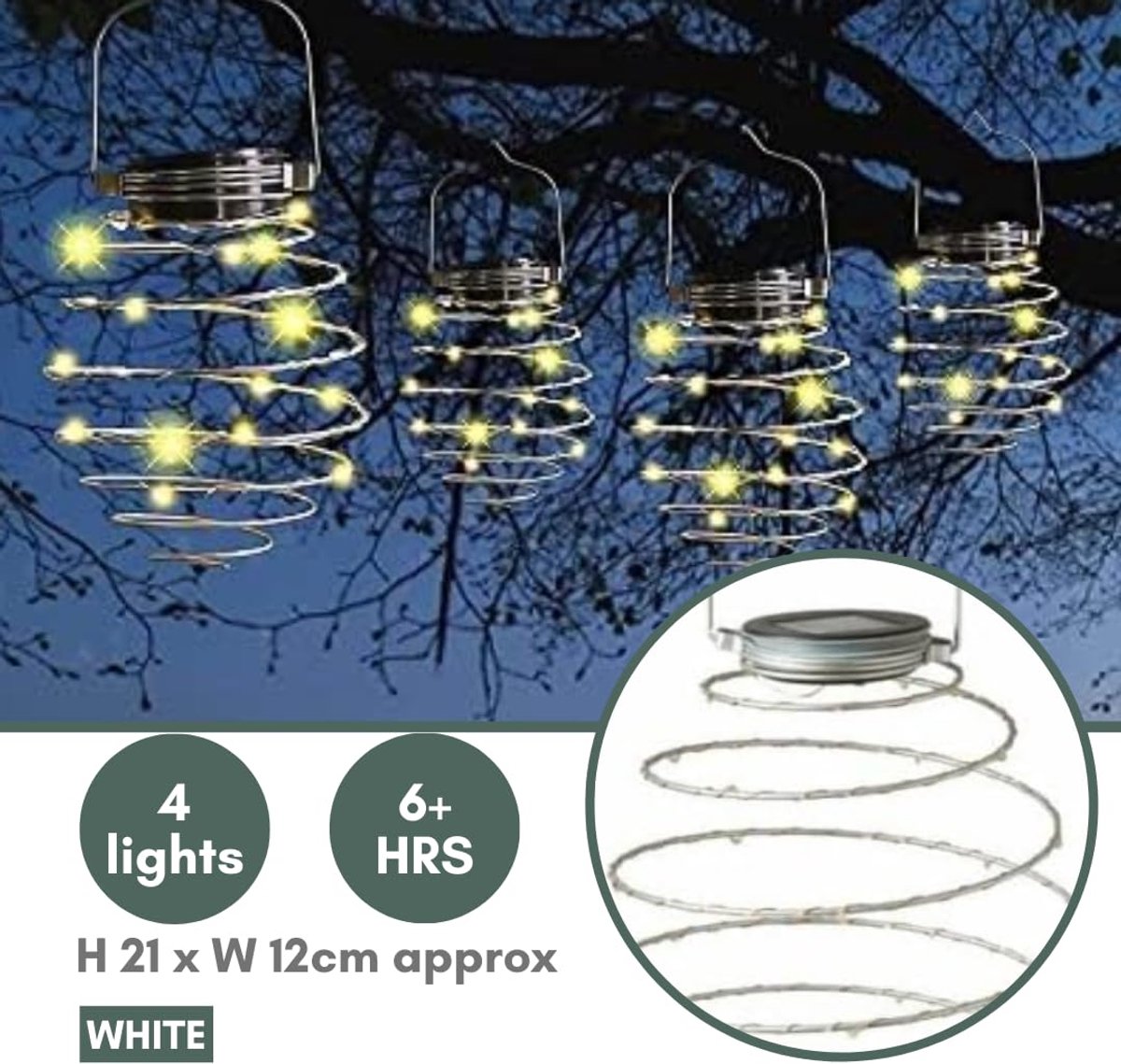 Solar LED spiraal lichten - set van 4 hangende lantaarns - warm wit koper - sfeervolle buitenverlichting - ShopVlot