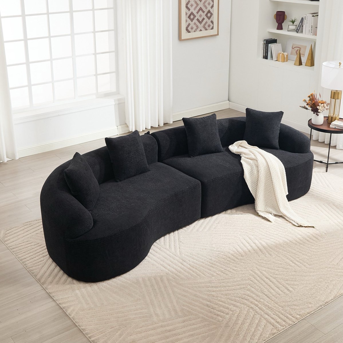 DESMIU Bank - Gebogen 4-Zits Modulair Bankstel - Comfortabel En Ruimtelijk - Voor Woonkamer En Appartement - Chenille - Zwart