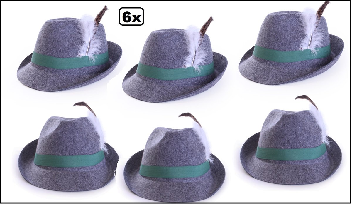 6x Tirolerhoed grijs wolvilt look - Jagershoedje Oktoberfest Tirol grijze bierfeest