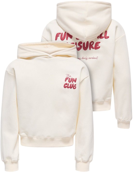 Twee crème kleurige hoodies voor meisjes, één met opdruk 'The FUN CLUB' en de andere met opdruk 'FUN & ALL LEISURE' op de achterkant.