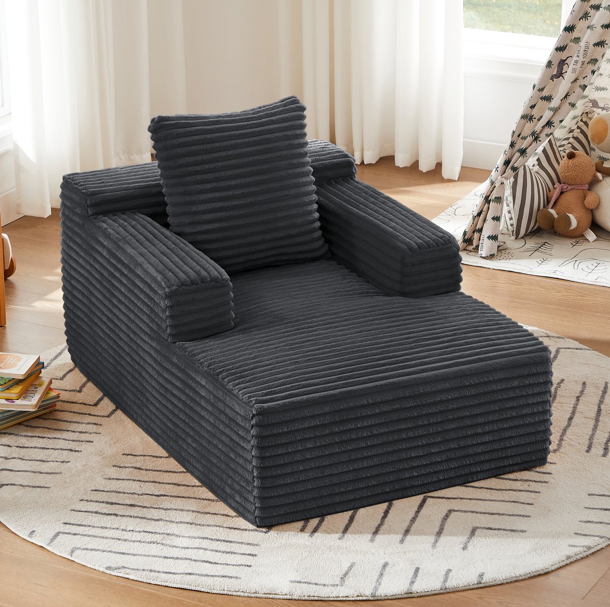 MODENUIT Chaise Longue 117 x 81 x 50 Cm - Zonder Montage - Woonkamer, Kantoor, Appartement - Ribstof - Donkergrijs