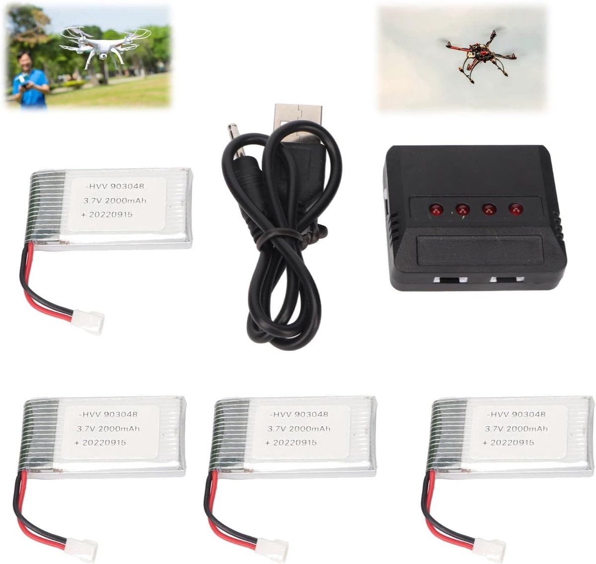 Set van 4 Oplaadbare Drone Batterijen 3.7V 500mAh - Lithium Lipo Accu met Oplader voor UAV en RC Toepassingen