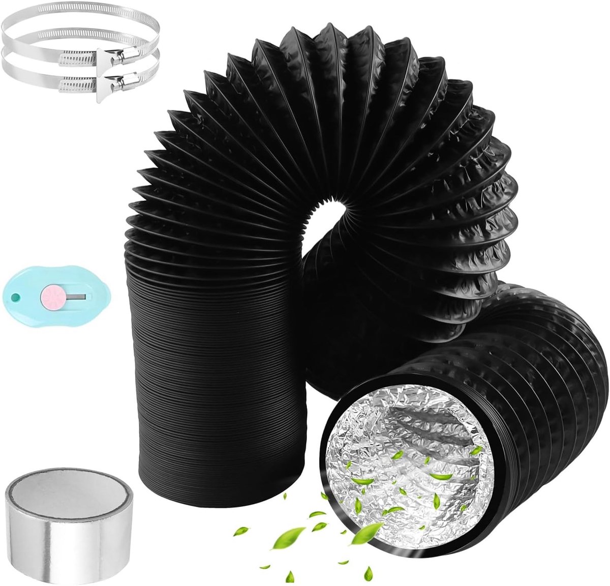 Flexibele PVC Afvoerslang 6m 125mm voor Luchtbehandeling, Wasdrogers en Afzuigkappen met RVS Slangenklemmen en Aluminium Folietape