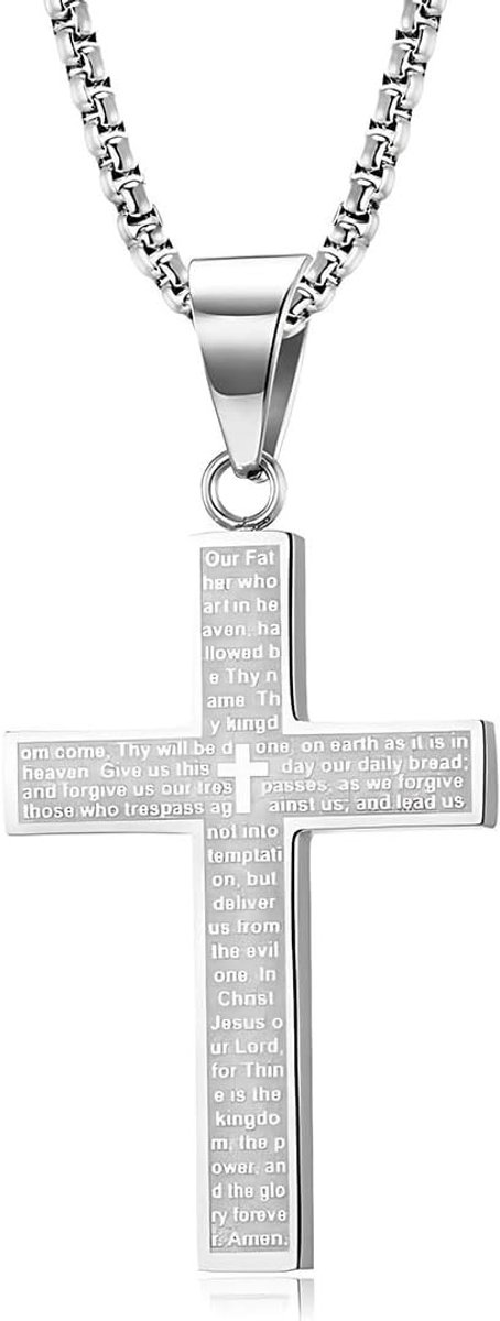 Stalen Heren Kruis Ketting, Dubbele Slang, Cubaanse Schakel, 20 Inch, Perfect Cadeau voor Mannen en Jongens, Religieuze Sieraden, Modieuze Accessoires